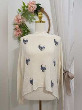 NEW Wooden Ships $148 Skull Print Distressed Oversized Sweater SZ  S/M Halloween